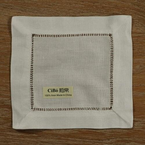 N022-6: 12 pieces Beige Linen Hemstitched Cocktail Napkins 6" X 6" Ladder Hem Stitch Cloth Napkin Coasters