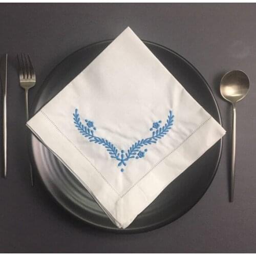 Set of 12 Fashion Ninner Napkins white Hemstitched linen Table Napkin with Blue Color Embroidered Floral 18x18-inch