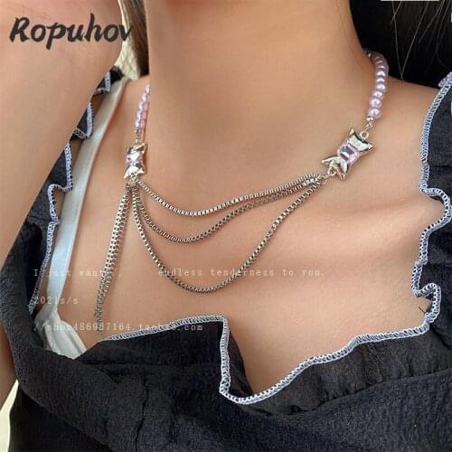 ROPUHOV 2021 New Korean Trendy Korean Pink Pearl Crystal Bow Necklace Multi-layered Sweet Cool Collar Chain Hip-hop Neck Chain