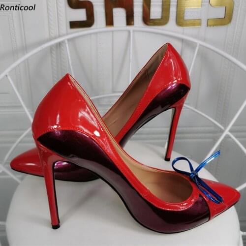 Ronticool New Fashion Knot Handmade Women Pumps Patent Leather Stiletto Heel Pointed Toe Beautiful Party Shoes US Plus Size 5-15