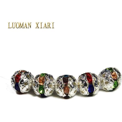 Wholesale 20/50 PCS 8 mm Alloys Round Ball Spacers Beads Golden Silvery Plated Rhinestone Beads For Jewelry Making DIY Bracelet