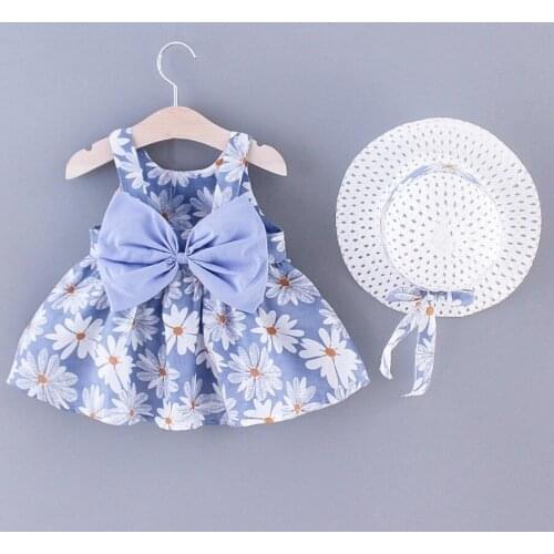 Baby Girls Dresses With Hat 2pcs Clothes Sets 0-2years Infants Kids Sleeveless Casual Party Suspenders Flower Bow Princess Dress
