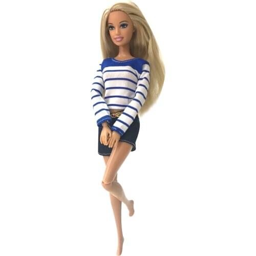 1 Set Casual Lady Dress Blue Zebra Long-sleeved Top + Textile Denim Shorts For Barbie Doll Girl Accessories Toys 091G