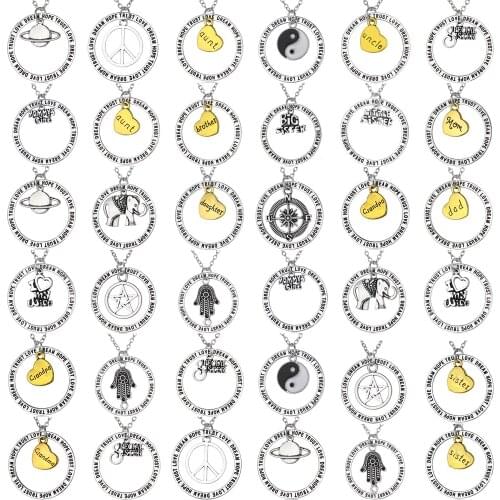 Love Family Sister Mother Heart Grandma Necklace Family Gifts Charm Pendant Necklaces Chain Jewelry Elephant Yin Yang Peace