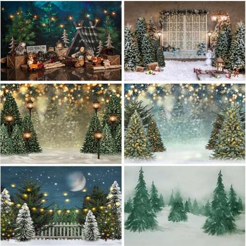 Christmas Fir Forest Background Photo Backdrop Winter Snow Forest Tree Flash Lamp Photography Backgrounds for Photo Studio