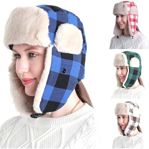 Trend Winter Thermal Bomber Hats Men Women Fashion Ear Warmer Face Protection Windproof Ski Cap Lattice-Thicken Warm cycling Hat