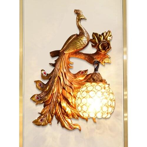 Vintage Creative Art Deco Peacock Resin Wall Lamp Gold Vanity Luxury Bedroom Wall Light Living Room Wall Sconce Lamp 111V~240V
