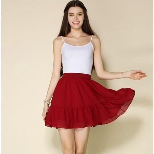 Summer women A line midi skirt high waisted elastic pleated solid pink black chiffon above knee skirts free style 2016 wholesale