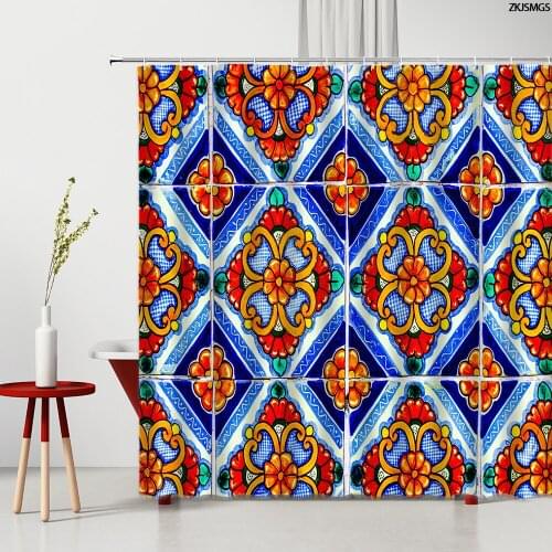 Antique Flower Shower Curtains Vintage Exotic Floral Geometric Stripes Home Decor Supplies Polyester Bathroom Curtain With Hook