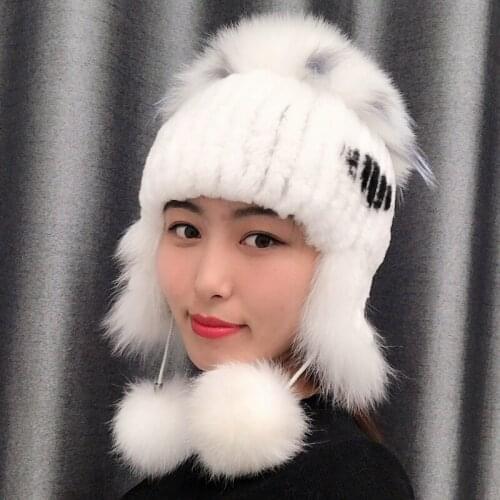 Women fur hat for winter natural rex rabbit fox fur cap russian female fur headgear brand new fashion Warm protective ear hat Wi