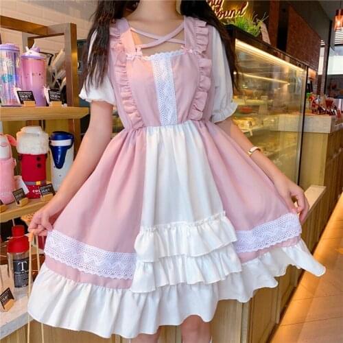 Kawaii Lolita Dress Women Summer New Cute Sweet Square Collar Short Lolita Dresses Halloween Gothic Japanese Girl Vestidos Pink