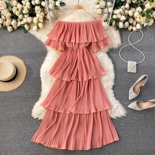 Women Sexy Pleated Dress Vestidos Summer Off Shoulder Ruffles Layer Midi Dresses Ladies Elegant Boho Dress Chiffon Long Robe