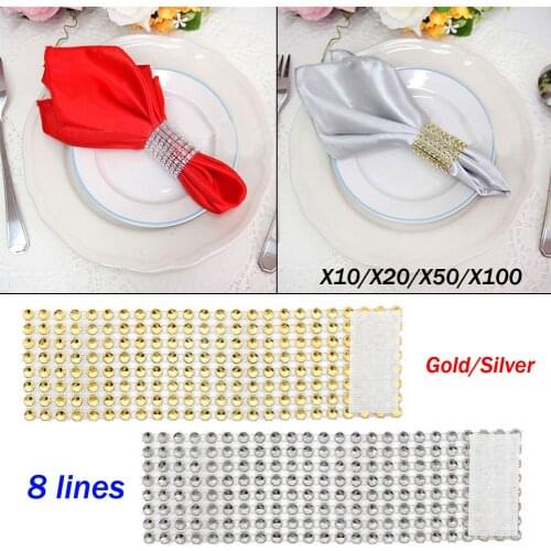 10/20/50/100PCS Gold Silver Rhinestones DIY 8 Rows Diamond Mesh Feast Decor Diamond Mesh Wrap For Banquet Wedding Party Home