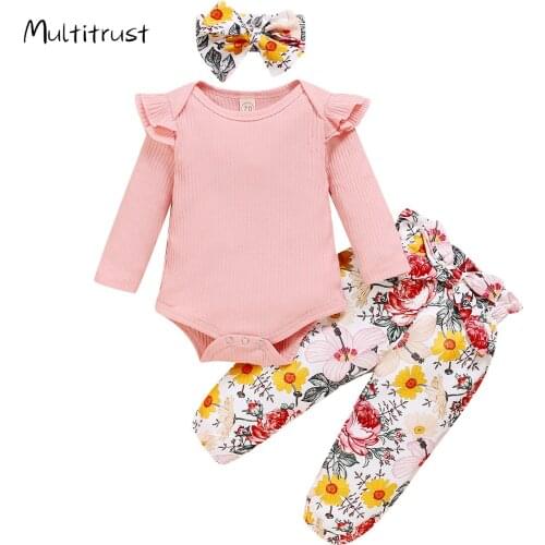 2020 Infant Baby Girl’s Clothes Sweet Solid Color Long Sleeve Jumpsuit and Flower Long Pants with Headband 3pcs