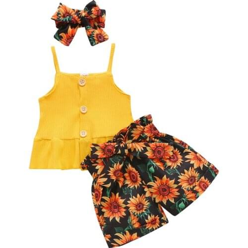 2021 Summer Toddler Kids Baby Girls Clothes Tracksuit Sets Sleeveless Button Tops Floral Shorts Headwear Outfits
