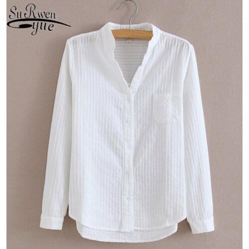 2021 Long Sleeve Solid White Blouse Women Shirt Fashion Cotton Blouse Shirt High Quality Women Blouse Casual Ladies Tops 1715 50