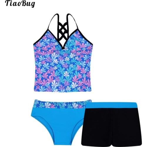 TiaoBug 3Pcs Kids Girls Summer Tankini Floral Printed Swimwear Bathing Suit Tops With Bottoms Shorts Sets Bikini Pool Swimsuit