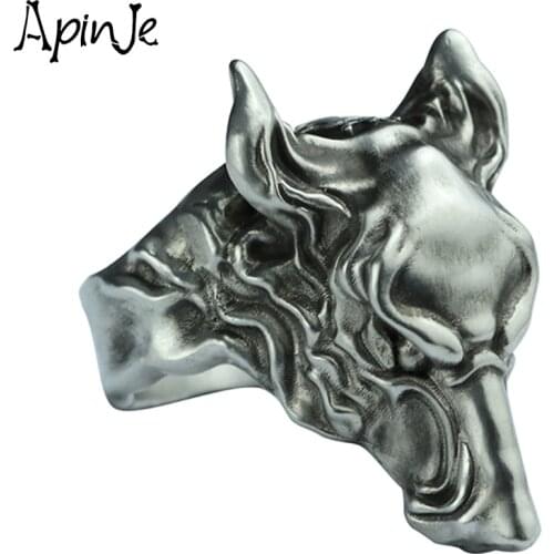Apinje Vintage 925 Sterling Silver Personality Ring Hip Hop Rock for Men Wolf Head Rings Jewelry