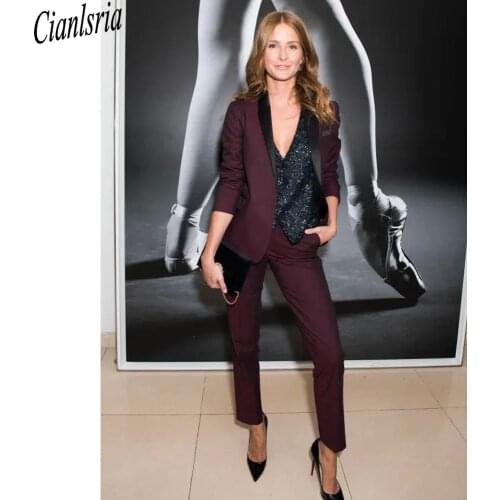 Burgundy Women Prom Suits Shawl Lapel Wedding Guest Wear For Lady Tuxedos Three Pieces Evening Formal Blazers Sequined Vest Jack
