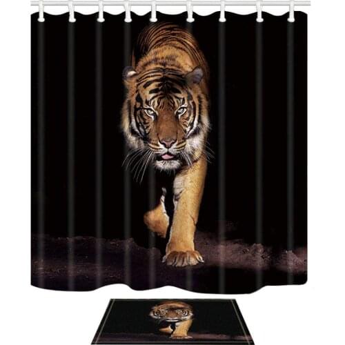 Animals Decor, Tiger on the Prowl from the Darkness Resistant Shower Curtain Suit With Flannel Non-Slip Floor Doormat Bath Rugs