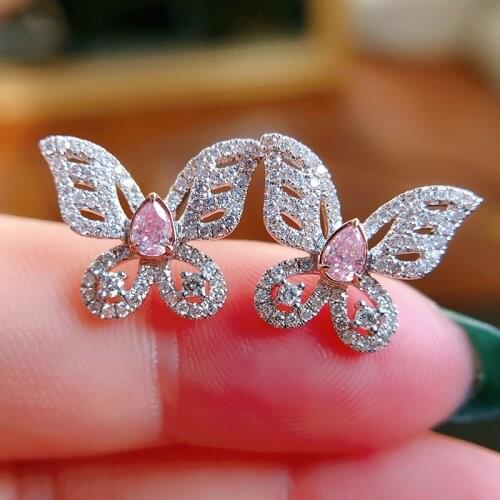 Dainty Female Crystal Butterfly Stud Earrings Charm Silver Color Small Earrings For Women Vintage Pink Zircon Wedding Earrings