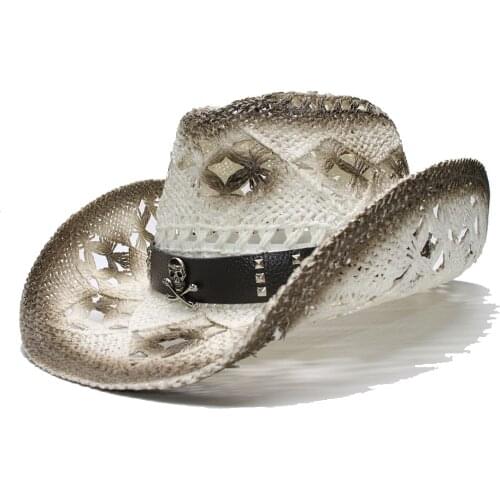 LUCKYLIANJI Retro Summer Vintage Women Mens Wide Brim Straw Beach Cowboy Cowgirl Western Hat Hollow Out Skull Leather Band 58cm