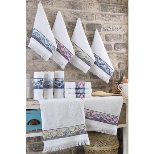 Flower Embroidered Hand and Face Towel Set of 12 30x50 CM %100 Cotton