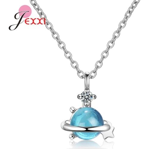 Dream Blue Crystal Universe Planet Pendant Necklace 925 Sterling Silver Zircon Clavicle Chain Jewelry for Women Sweet Gift