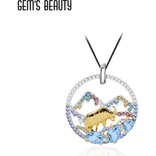 GEMS BEAUTY 925 Sterling Silver Natural Swiss Blue Topaz Handmade Necklace 18K Gold filling Goat Necklace For Women Gift
