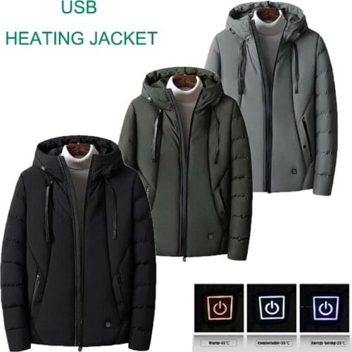 Couples USB Heated Jacket Winter Heated Adjustable Temperature Thermal Clothes Solid Running Long Sleeve Hooded Black Top