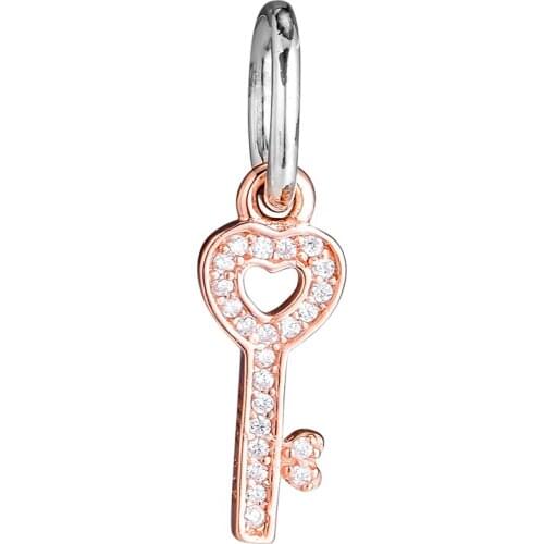 Fit Pandora Charms Bracelet Rose Gold Key Pendant with Clear CZ Original 925 Sterling Silver DIY Beads for Jewelry Making FL051R