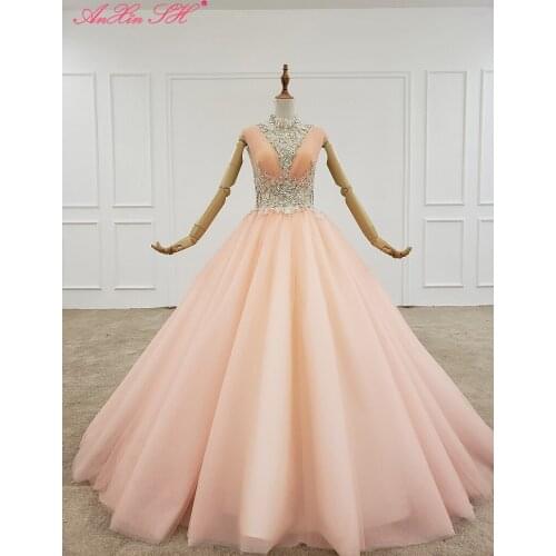 AnXin SH Luxury princess flower lace beading pearls illusion high neck glaring sleeveless wedding dress 100% real photo 99266