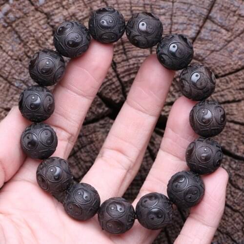 Symbol of Yin-Yang Philosophy, Gossip Symbol, Mens and Womens Bracelet, Symbolic Divination 15mm Black Wooden Bead Bracelet