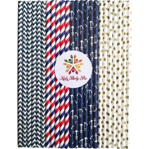 100pcs Drinking Paper Straws Mix,Navy Red Striped,Gold Swiss Dot,Deep Blue Anchor,Navy Chevron,Sea Nautical Birthday Party Bulk