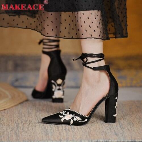 Shoes Woman Heels 2021 Trendy Silk Embroidered Pointy Toe Nude Strap Party High Heels for Women Sexy Versatile Dress Shoes