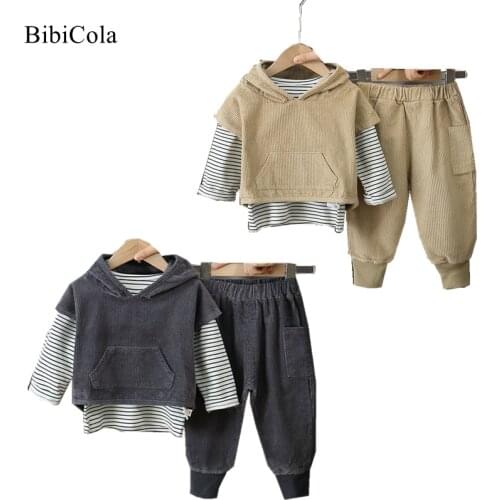 Baby Boys Spring And Autumn Clothes Hooded Bear Ear Short-sleeved Jacket + Striped Autumn Clothes + Trousers Three-piece Set
