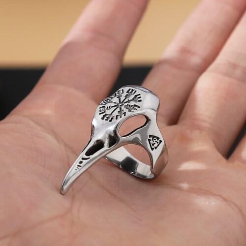 Vintage Odin Crow Skull Helm Of Awe Ring Stainless Steel Valknut Ring For Men Viking Compass Aegishjalmur Ring Jewelry