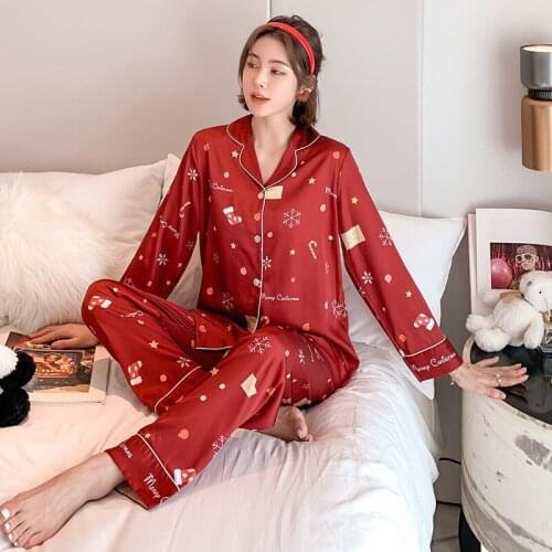 Women Sleepwear Set Spring Autumn New Womens Satin Long Sleeve Pajamas Set Print Christmas Party Pajamas