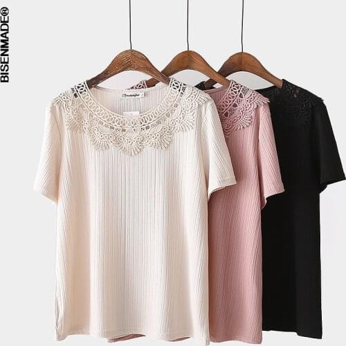 Womens Clothing T-Shirts Plus Size 2021 Summer Tees Casual Short Sleeve Simple Hollow Out Lace Ice Silk Tops Camiseta Mujer