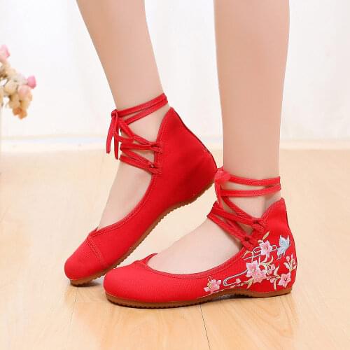 Ankle Strap Women Canvas Embroidered Ballet Flats Ladies Comfortable Cotton Dance Ballerinas Vegan Muslem Shoes