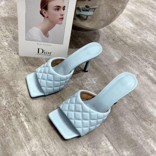 2020 NEW Sexy PU Diamond Square Head Peep Toe High Heel Slippers Summer Fashion Slip on Thin Heels Slides Women Mules Party Hot