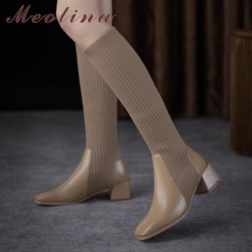 Meotina High Heel Women Boots Knee High Boots Chunky Heel Slim Stretch Shoes Square Toe Female Long Boots Autumn Winter Brown 43
