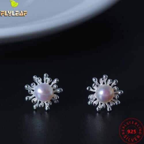 Flyleaf 100% 925 Sterling Silver Natural Pearl Snowflake Stud Earrings For Women Prevent Allergy Lady Fashion Jewelry