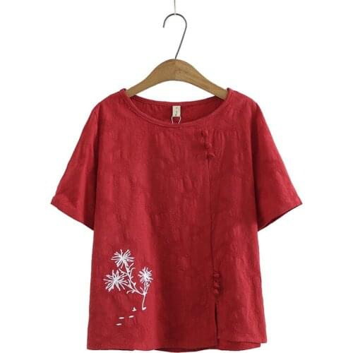 Plus Size XL-4XL Womens Short Sleeve Vintage Tshirts Casual A-line Cotton&Linen Tops Embroidery Summer Shirts