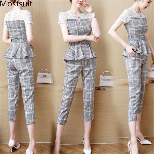 2019 Summer Office Plaid Two Piece Sets Outfits Women Plus Size Lace Patchwork Tops With Belt And Cropped Pants Elegant Suits