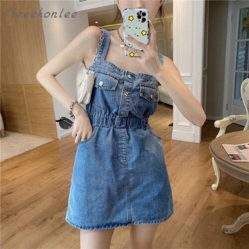 High Quality Women Denim Suspender Dress 2021 Summer Fashion New Casual Square Collar Sexy Back Denim Belt Dress