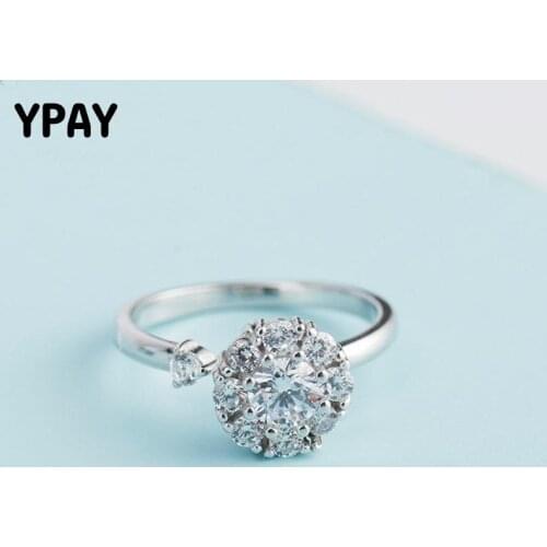 YPAY Luxury Shiny Round Zircon Open Rings for Women 100% Genuine 925 Sterling Silver Midi Finger Ring Fine Jewelry Gift YMR494