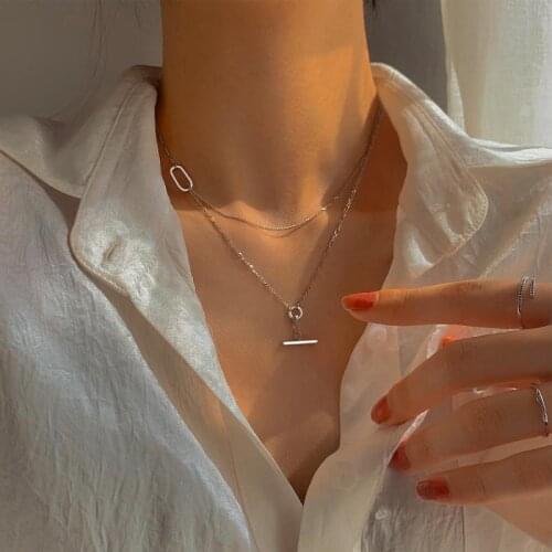 925 Sterling Silver Double layer Geometric Charm Pendant Choker Necklace For Women Statement Wedding Jewelry dz241
