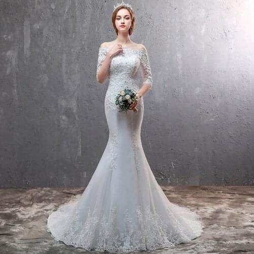 Vestido De Noiva Princesa Half Lace Sleeve Vintage Wedding Dresses 2021 Sexy Mermaid Beads Boat Neck Sweep Train Bridal Gown