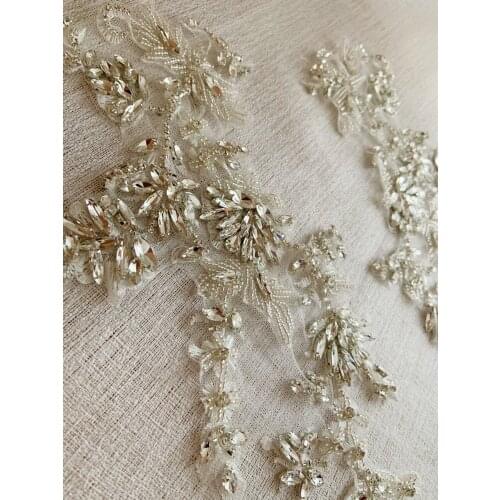 1 Pair Rhinestone Bead Applique With 3D Flowers Hand Crafted Rhinestone Appliqués For Bridal Headpiece